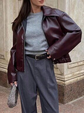 Burgundy Casual Women's Plus-Size Drop Shoulder Colorblock Biker Jacket